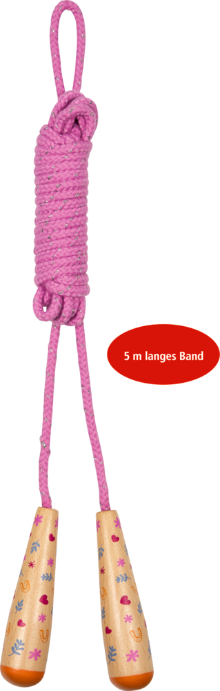 Pinkes Springseil mit Holzgriffen und bunten Mustern, ordentlich zusammengerollt.