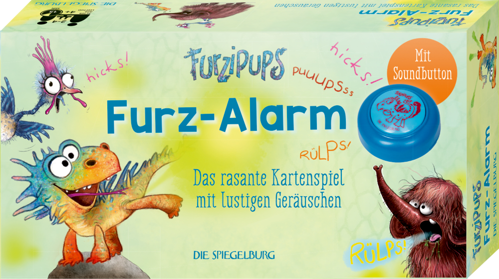 Bunte Pappbox mit witzigen Cartoon-Kreaturen und einem blauen Sound-Knopf auf der rechten Seite.