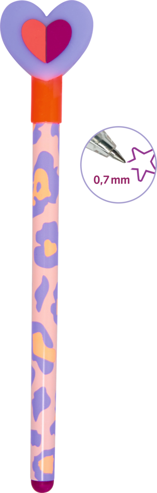 Kugelschreiber mit rosa-lila-orangenem Leomuster und Herzaufstecker in Lila, Weinrot und Pink, Spitze mit 0,7 mm breite.