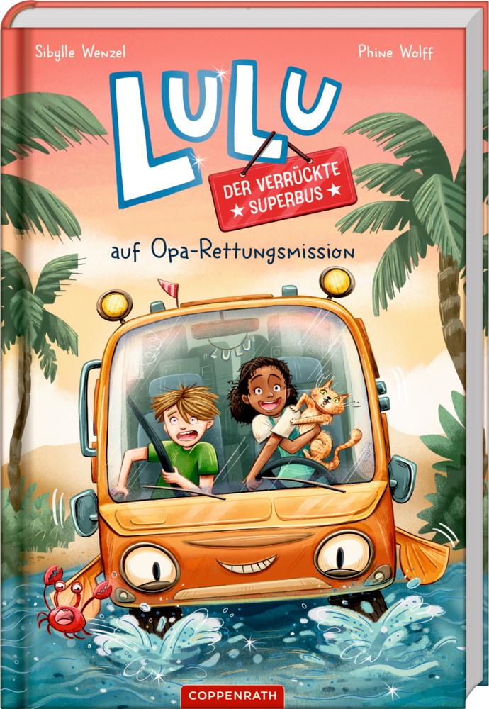 Kinder und eine Katze fahren mit Lulu, einem gelben Bus, durch Wasser mit Palmen – illustriertes Buchcover.