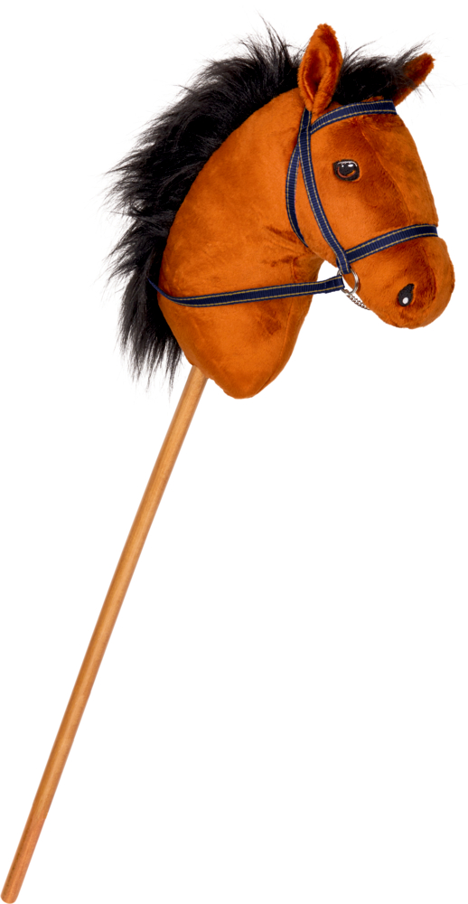 Brauner Steckenpferdkopf aus Plüsch mit schwarzer Mähne auf einem Holzstab.