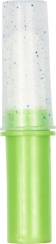 Grüne Tube mit einer klaren, glitzernden Kappe mit blauen und roten Punkten.