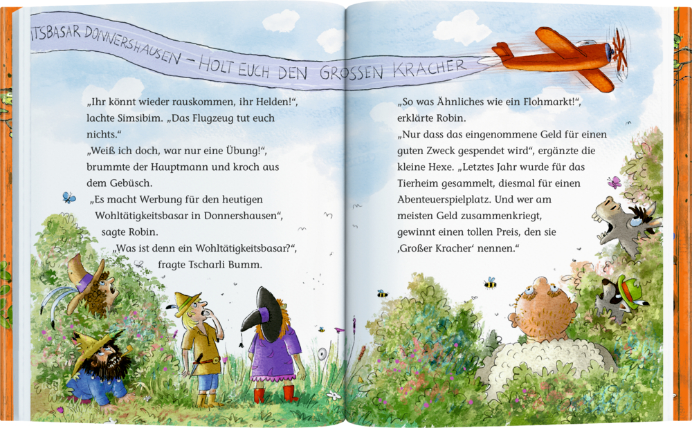 Illustration mit fünf Menschen in bunten Kleidern im Gebüsch, über ihnen fliegt ein orangefarbenes Flugzeug mit Bannertext.
