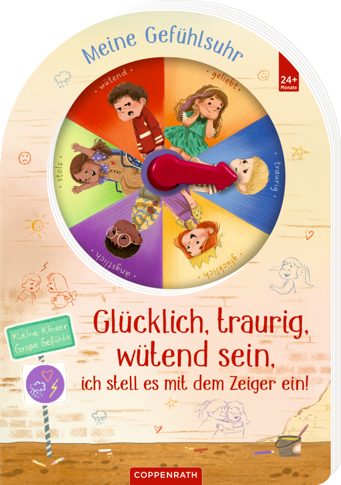 Buchcover mit bunter Gefühlsscheibe, drehbarem Zeiger und gezeichneten Kindern, die verschiedene Emotionen zeigen.
