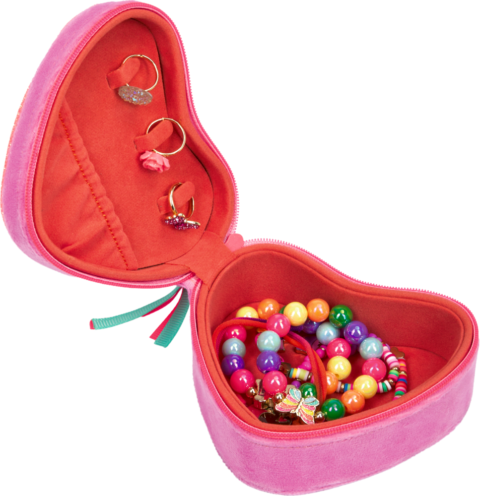 Herzförmige rosa Schmuckdose mit Reißverschluss, innen rote Fächer, kann bunte Armbänder und Ringe aufbewahren.