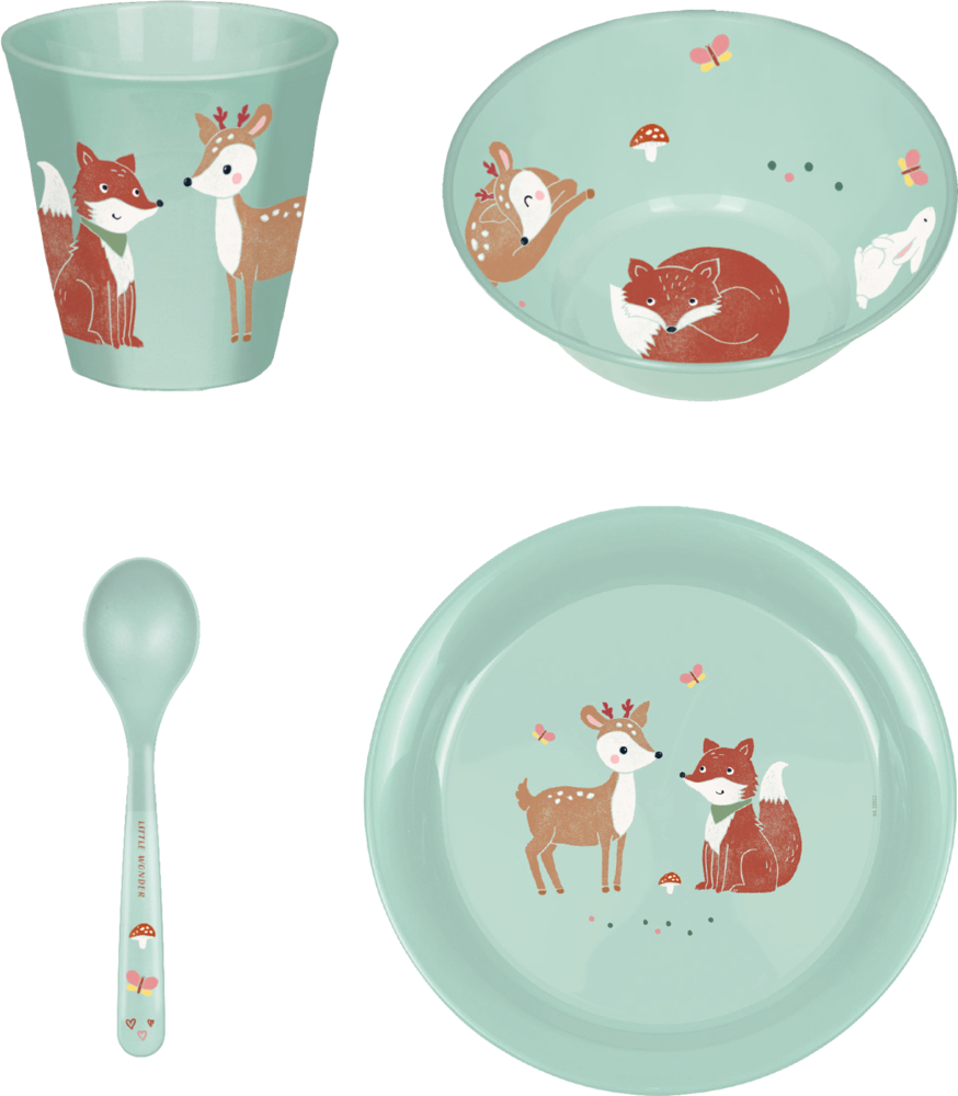 Fuchs und Rehmotive auf Tasse, Schüssel, Löffel und Teller in Hellblau.
