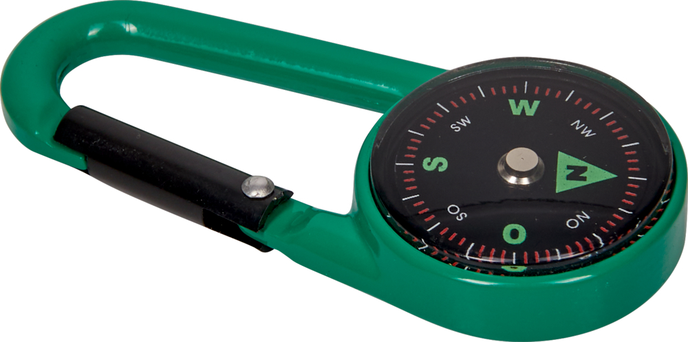 Grüner Karabiner mit schwarzem Kompass.