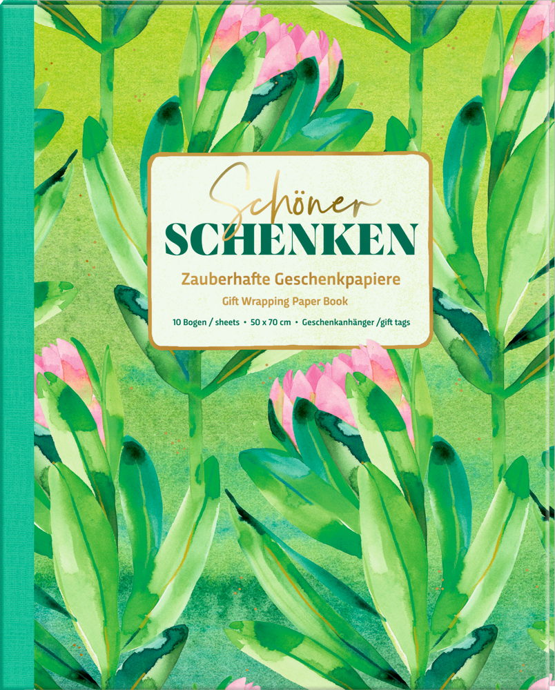 Grünes Buch mit floraler Geschenkpapiermusterung, pinkfarbenen Blättern und Text auf dem Cover.