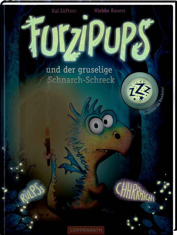 Auf dem Cover des  Kinderbuchs „Furzipups“, welches im dunkelen leuchtet, hält ein blauer Drache mit großen Augen eine Kerze.