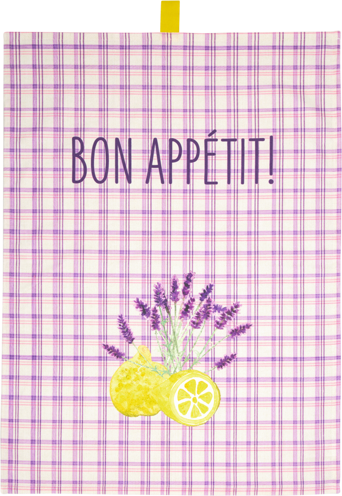Geschirrtuch mit pinkem Karomuster, Zitronen, Lavendel und dem Schriftzug Bon Appétit! oben.