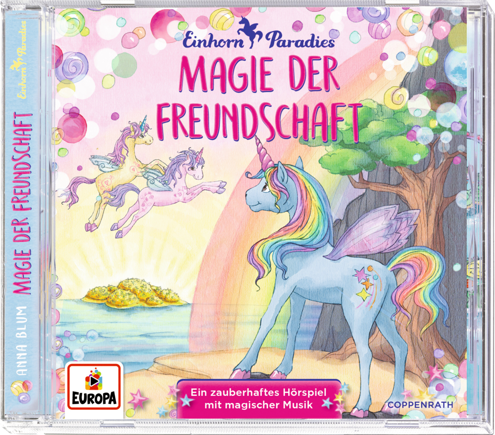 Farbenfrohes CD-Cover: Magische Einhörner an einem Regenbogenwasserfall, betitelt „Magie der Freundschaft“.