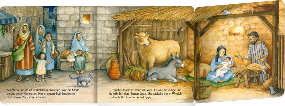 Maria und Josef finden Unterschlupf in einem Stall, wo Maria Jesus zur Welt bringt und ihn in eine Krippe legt.