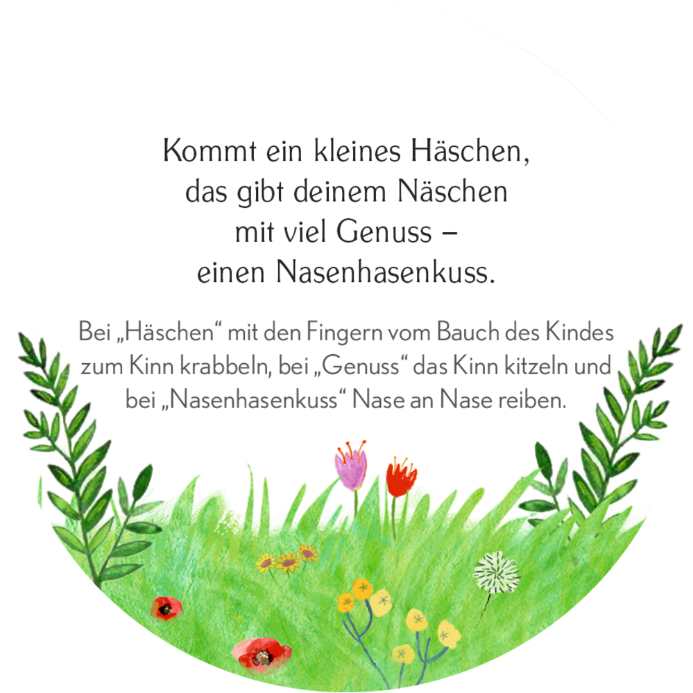 Runde Karte mit Gras- und Blumenillustration und einem Vers: Geben Sie einem Kind einen verspielten Hasennasenkuss.