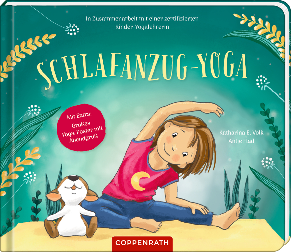 Buchcover: Ein Kind im Schlafanzug macht Yoga neben einem lächelnden Stoffschaf auf einer gelben Matte.