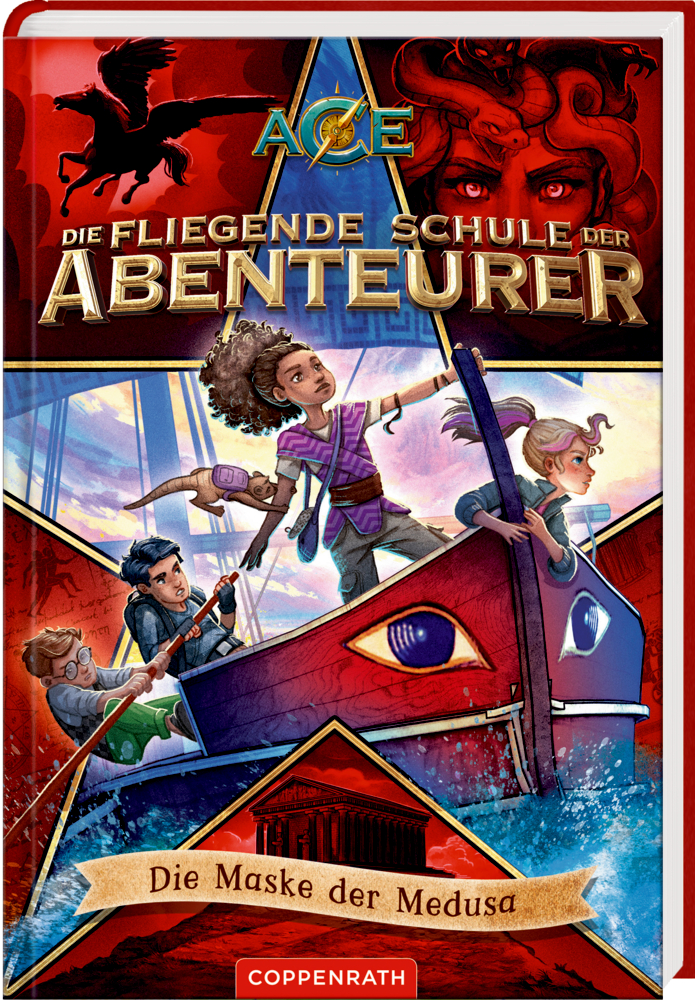 Buchcover: Vier Kinder auf einem roten Boot; mythologische Wesen im Hintergrund; Coverschriftzug: Die Maske der Medusa.