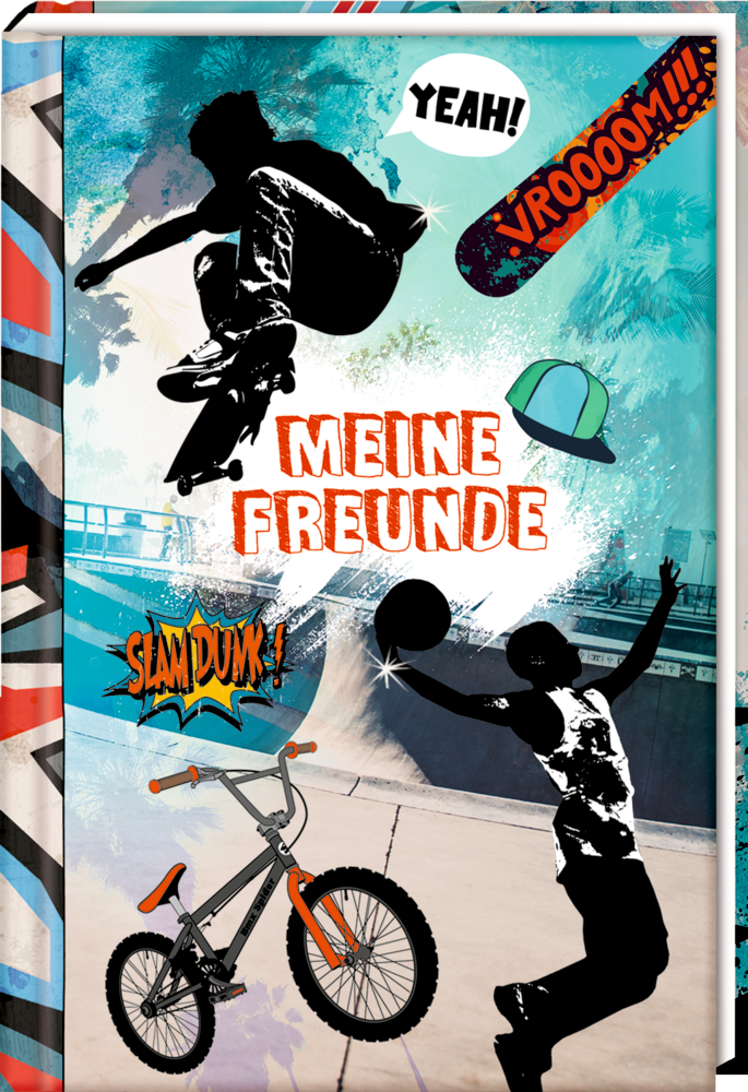 Skateboarder, Basketballspieler, Fahrrad, Mütze mit komischen Worten: „Yeah!“, „Vroooom!!!“, „Slam Dunk!“, „Meine Freunde“.