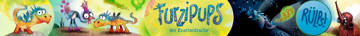 Bunt arrangierte Ausschnitte aus Furzipups-Büchern. In der Mitte das Logo von Furzipups.