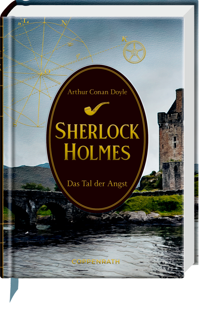 Buchcover „Sherlock Holmes: Das Tal der Angst“ mit einem Schloss und einem Fluss im Hintergrund.