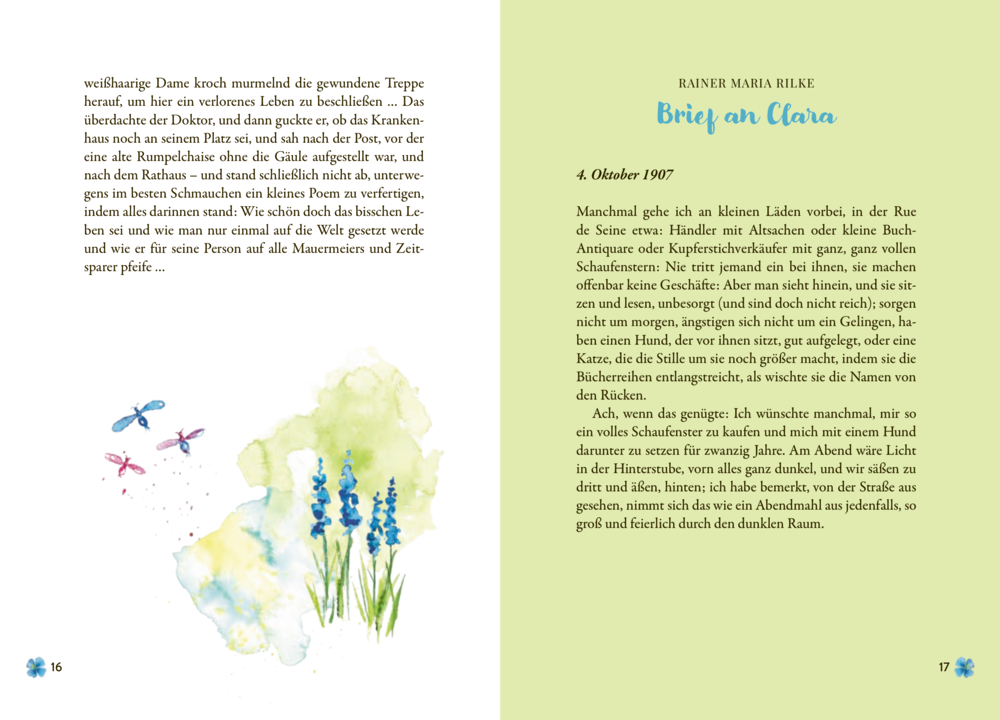 Offenes Buch, links Aquarellblumen, rechts  Text mit grünen und blauen Akzenten.