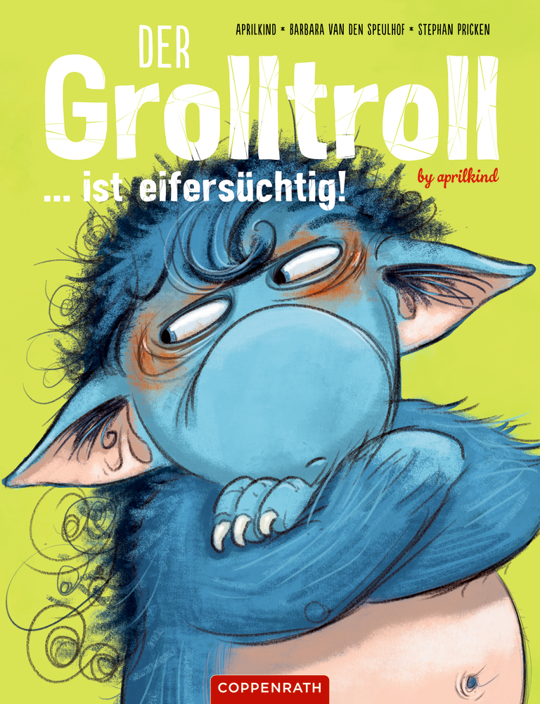 Buchcover von "Der Grolltroll ist eifersüchtig" Blauer Troll mit verschrÃ¤nkten Armen und mÃ¼rrischem Gesicht auf grÃ¼nem Hintergrund und mit deutschem Text Ã¼berlagert.