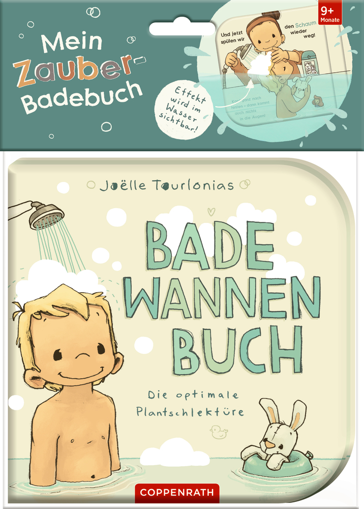 Badebuch in durchsichtiger Verpackung mit gezeichneter Badewannenszene.
