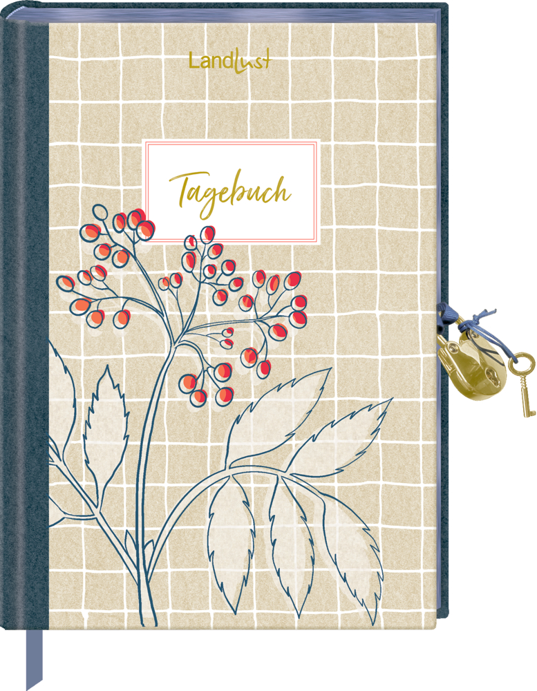 Tagebuch mit botanischer Illustration, Schloss und Schlüssel und „Tagebuch“ auf dem Umschlag.