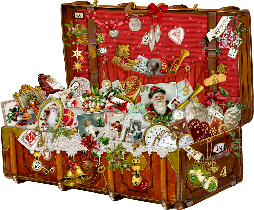 Eine Truhe voller Weihnachtsschmuck, Nippes und alter Urlaubsfotos.