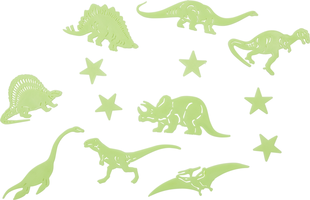 Im Dunkeln leuchtende Dinosaurier- und Sternaufkleber auf weißem Hintergrund.