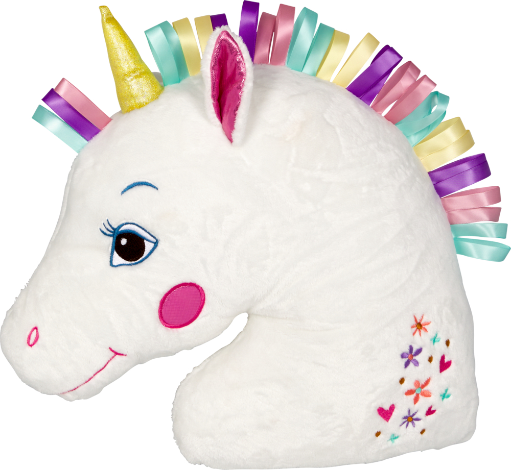 Plüsch-Einhorn-Kissen mit bunter Stinband-Mähne, rosa Wangen und Stickerei am Hals.