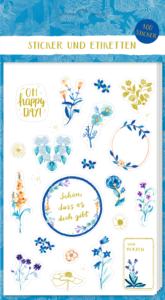 Verpackung mit Stickerbogen mit floralen Motiven, verschiedenen Sprüchen, blau-gelben Blumen.