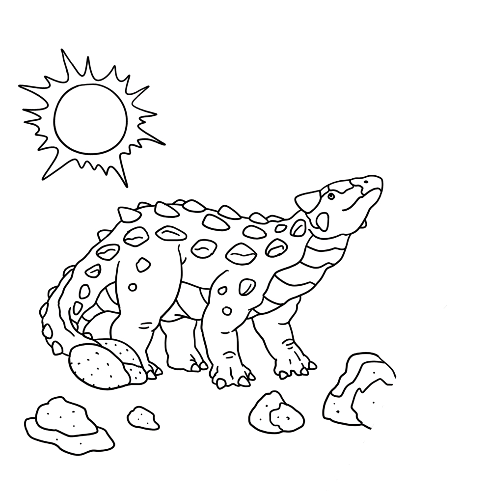 Strichzeichnung eines gepanzerten Dinosauriers mit Dornen, der zwischen Steinen steht, über ihm eine Sonne.