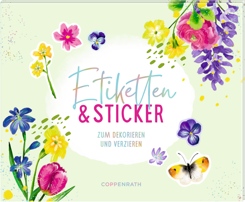 Ein Schmetterling und bunte Blumen rahmen den Schriftzug „Etiketten & Sticker“ auf hellgrünem Hintergrund ein.