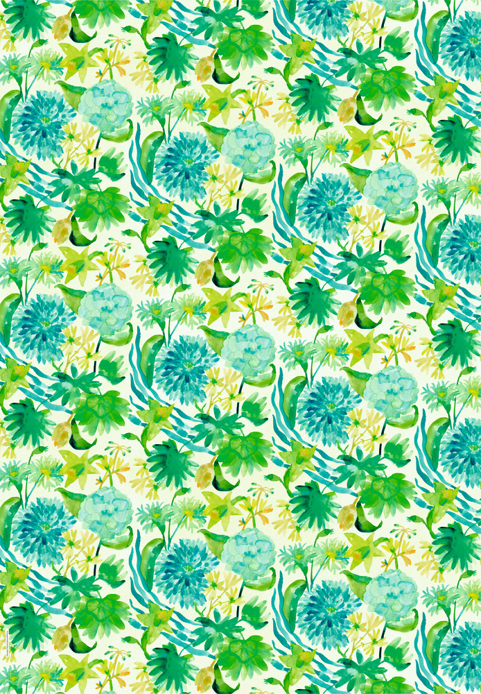 Aquarellmuster mit grünen und blauen tropischen Blättern und Blumen auf hellem Hintergrund.