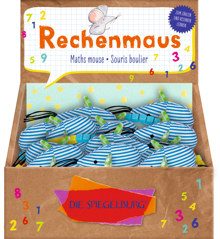 Braunes Papp-Display, bunt mit Zahlen verziert. Darin liegen mehrere blau-weiß gestreifte Spielmäuse.