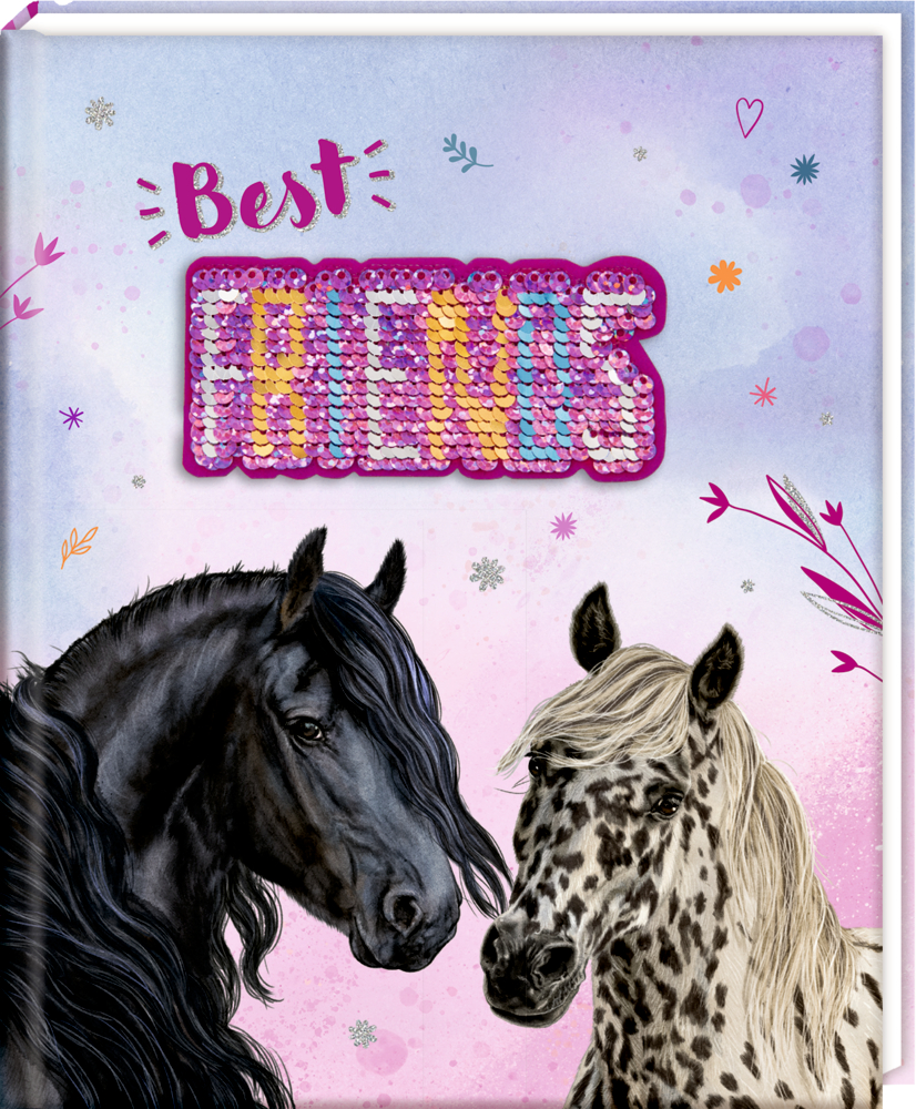 Freundebuchcover mit zwei illustrierten Pferdeköpfen unter dem Schriftzug „Best Friends“ in bunten Pailletten auf pastellfarbenem Hintergrund.