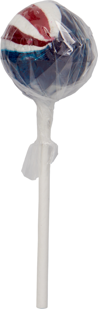 Ein Lutscher mit roten, weißen und blauen Schnörkeln auf einem weißen Stiel, in durchsichtiges Plastik eingewickelt.