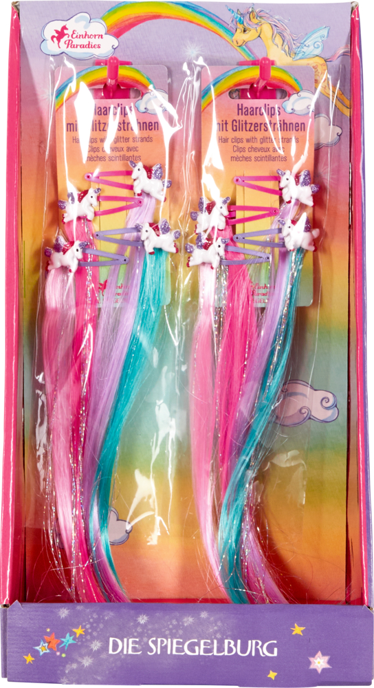 Einhorn-Haarspangen mit rosa, blauen und weißen Strähnen in einer bunten Displaybox.