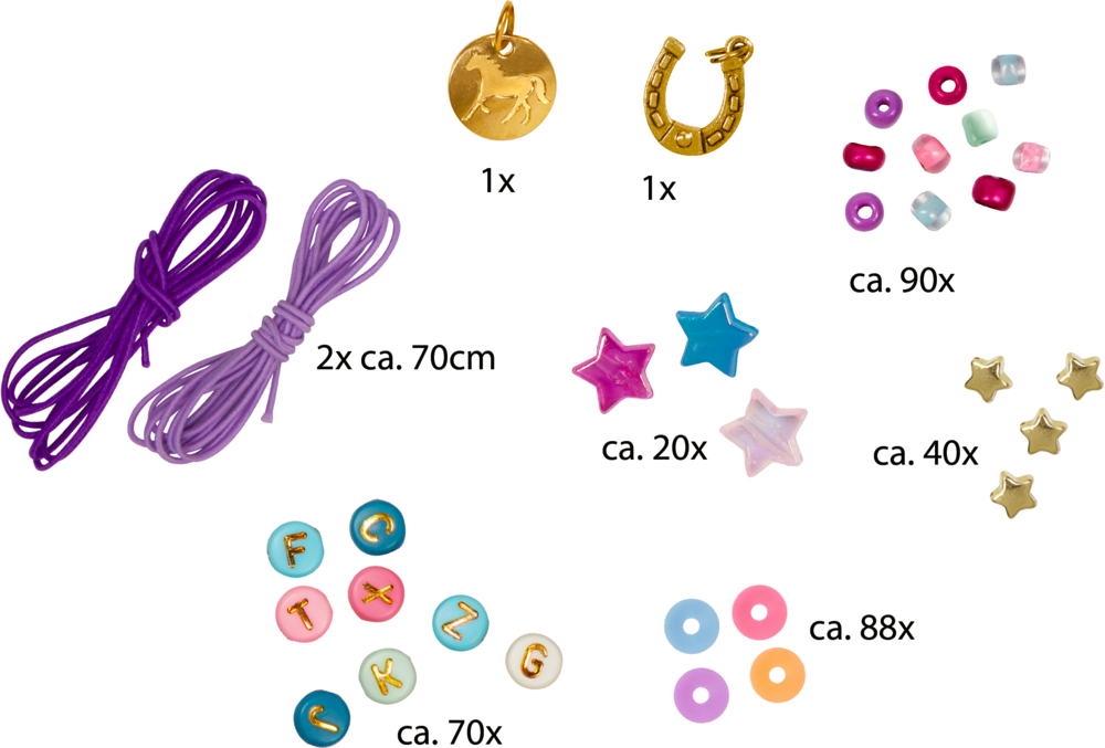 Set aus zwei lilafarbenen Bändern, goldenen Anhängern, Stern-, Buchstaben- und Rundperlen mit Buchstaben in verschiedenen Farben und Mengen.