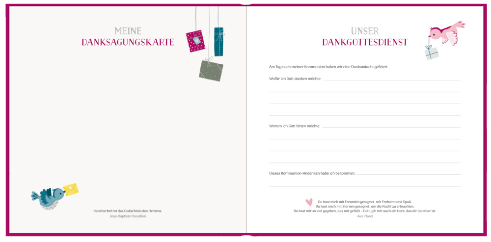 Geöffnetes Eintragalbum mit Platz für eine Danksagungskarte und Text, Geschenksymbolen und Vogeldeko auf weißem Hintergrund.