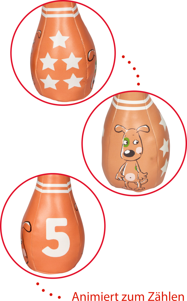 Drei Ansichten eines orangefarbenen Spielzeugkegels mit Sternen, der Zahl 5, einem Comic-Hund und deutschem Text darunter.
