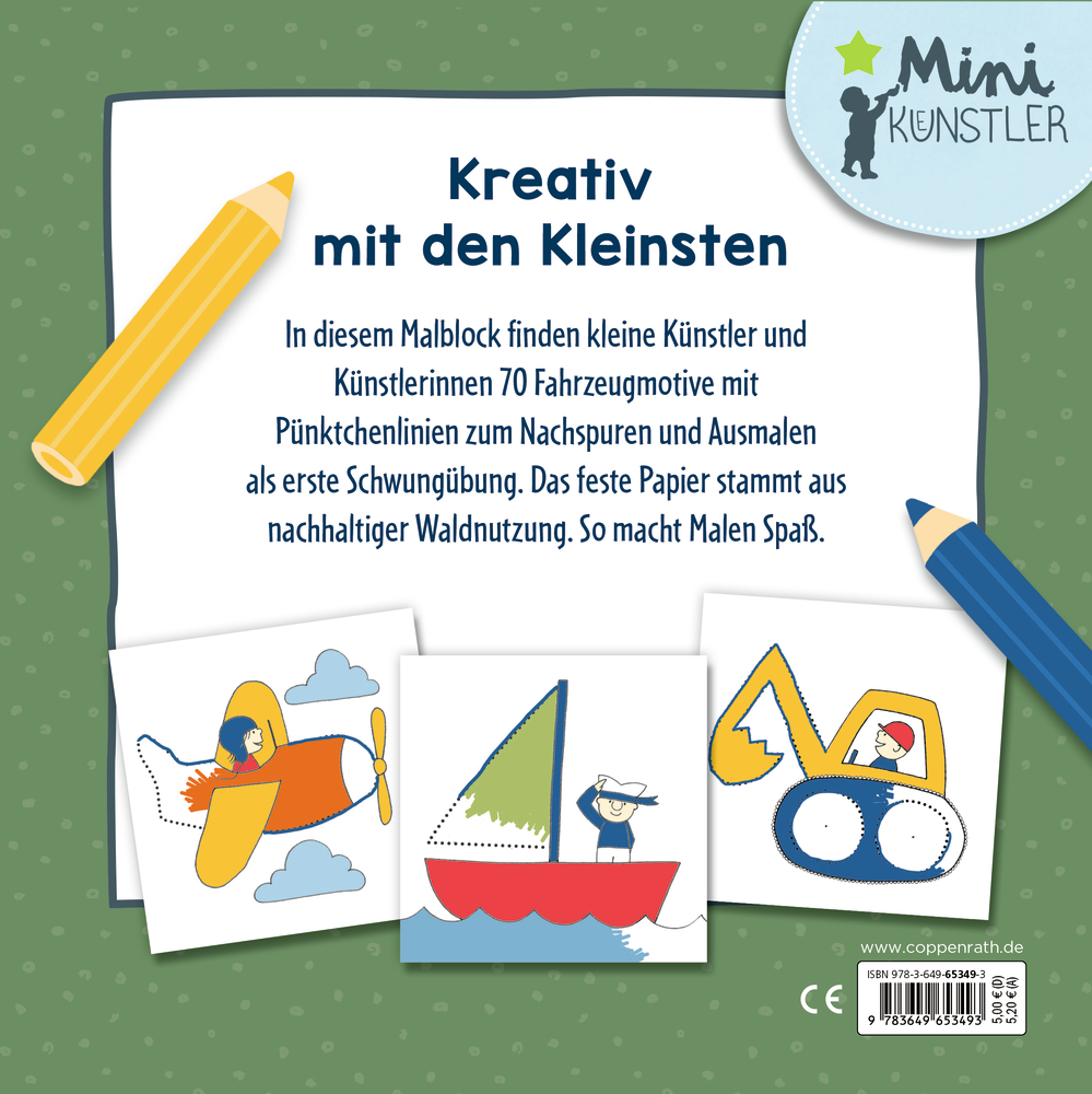 Rückseite eines Malblocks mit Text und drei kindlichen Fahrzeugzeichnungen: Flugzeug, Segelboot und Bagger.