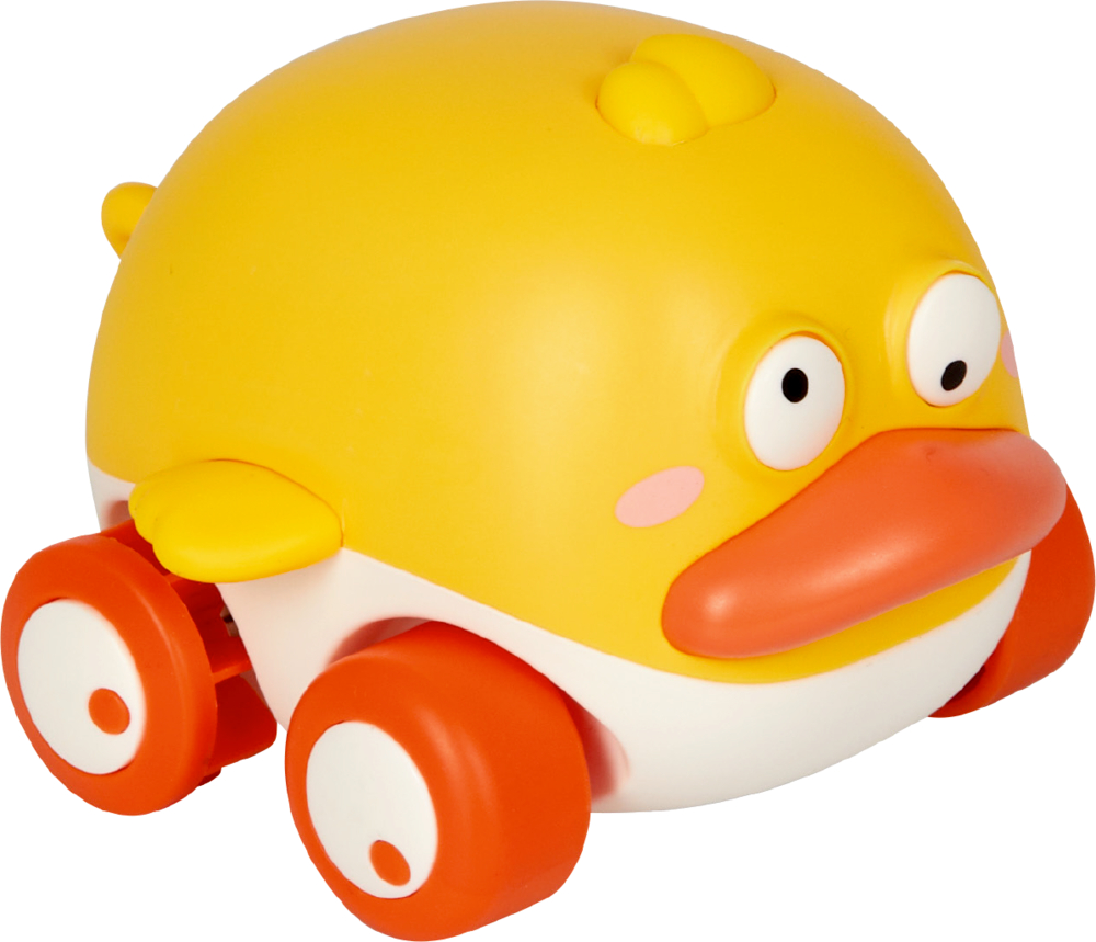 Gelbes Spielzeugauto in Form einer stilisierten Ente mit orangefarbenen Rädern und großen, verdrehten Cartoonaugen.