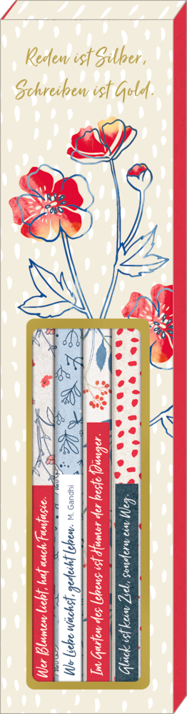 Set mit vier dekorativen Stiften in einer Blumenbox mit Text und roten und blauen Blumenillustrationen.