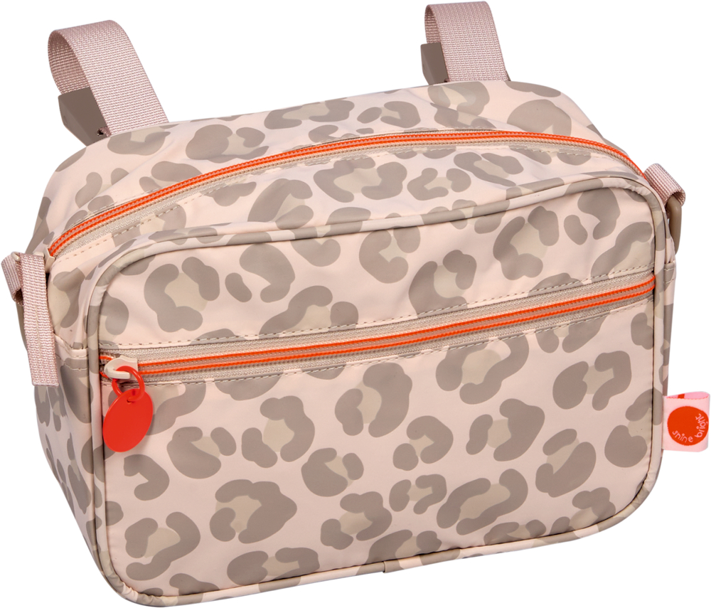 Beigefarbene Lenkertasche mit grauem Leopardenmuster, orangefarbenen Reißverschlüssen und zwei Befestigungsgurten.