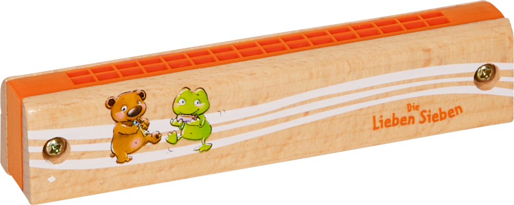 Hölzerne Mundharmonika mit orangefarbenen Seiten und Bären- und Frosch-Illustrationen.
