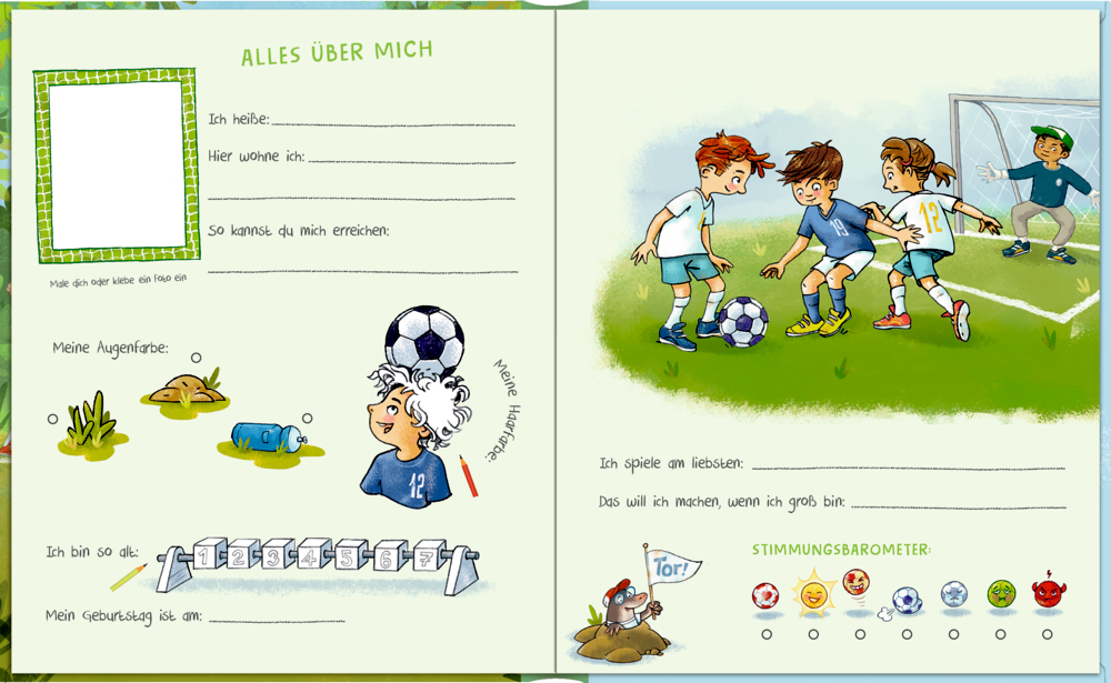 Kinder spielen Fußball auf einem Feld. Um die Szene sind Cartoon-Illustrationen und Lückentexte angeordnet.
