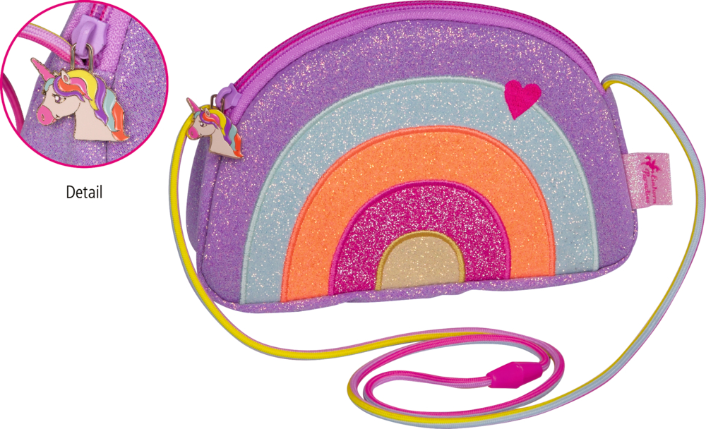 Kleine glitzernde Umhängetasche in Lila mit Regenbogenmotiv, pinkem Herz und Einhorn-Anhänger am Reißverschluss.
