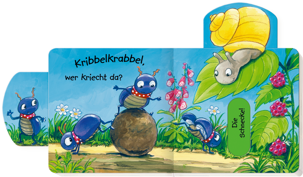 Buchinnenansicht mit drei blauen Käfern, die auf einem Erdballen krabbeln. darüber ruht eine gelbe Schnecke auf einem Blatt inmitten von Blumen und Gras.