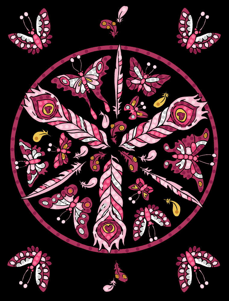 Mandala-Design mit rosa Federn und Schmetterlingen auf schwarzem Hintergrund.