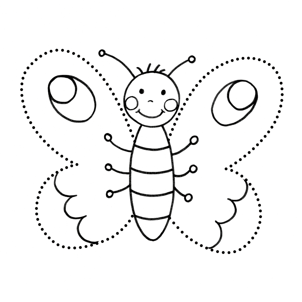 Niedlicher Schmetterling mit punktierten FlÃ¼gelrÃ¤ndern und lÃ¤chelndem Gesicht zum Ausmalen.